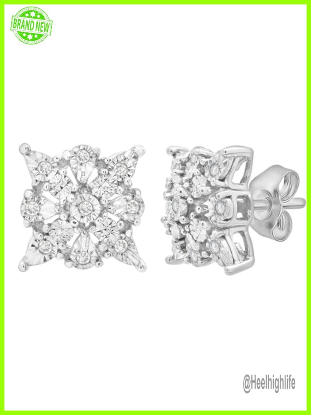 925 Sterling Silver Cluster Diamond Stud Earrings 1/10 CTW Friction Backs